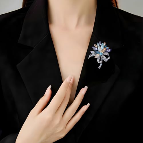 Image of Sparkling Rhinestone Flower Brooch Pin Premium Blue Purple Crystal Flower Brooch Lapel Pins Vintage White Rose Broochs Clothes Hat Bag Dress Clothing Jewelry for Women