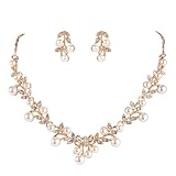 EVER FAITH Women's Simulated Pearl Vine Leaf Bowknot Necklace Earrings Set Gold-Tone