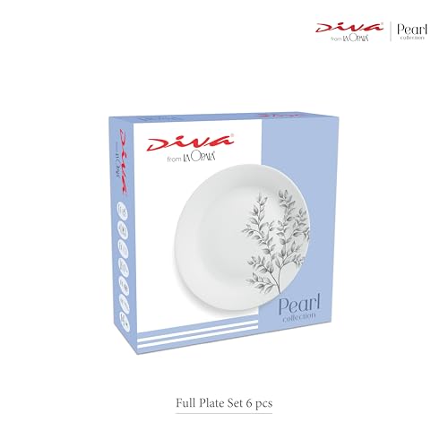 Image of La Opala Diva Pearl Collection Opal Glass Crockery | Full Plate Set of 6 | Dusky Vines Design | for Dining & Gifting | Microwave Safe | 100% Vegetarian | Extra Strong | Super Light & White