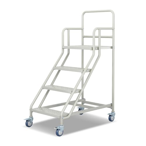 Image of 4 Step Rolling Ladder with Wheels,23.3 inchW x 59 inchH, Industrial & Warehouse Rolling Non-Slip Stairs with Handrails, Steel Platform Ladders, 485LBs Capacity, Easy to Move For Library Goods Shelves