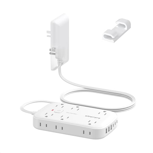 Extension Cord with Outlet Cover & Multi USB- 5 FT Ultra Thin Plug Concealer with Cord & 12AC Outlet 6 USB (24W/4.8A) Charging Station for Multiple Devices for Behind Wall Furniture Couch Sofa TV