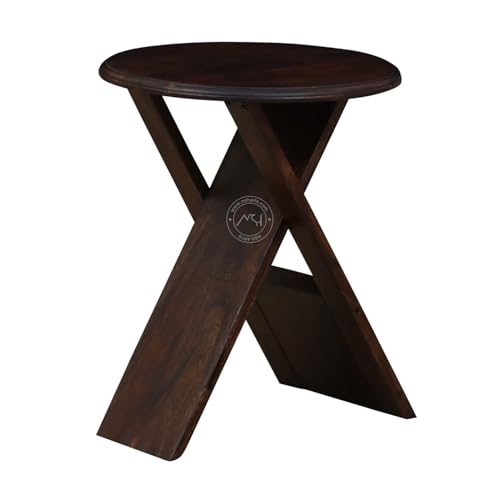 Image of NSH Luxury Sheesham Solid Wood Cross Leg Coffee Side Table | Multipurpose Stool for Living Room, Bedroom or Dining Room | Walnut Finish, 1 Wooden Table Side End Stool