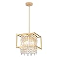 PUZHI HOME Gold Crystal Chandeliers, 11.8 Inch Farmhouse Square Crystal Ceiling Lighting 4-Light Dining Room Light Fixture Industrial Pendant Light for Entryway Kitchen Island Bedroom Foyer