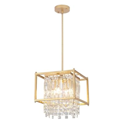 PUZHI HOME Gold Crystal Chandeliers, 11.8 Inch Farmhouse Square Crystal Ceiling Lighting 4-Light Dining Room Light Fixture Industrial Pendant Light for Entryway Kitchen Island Bedroom Foyer