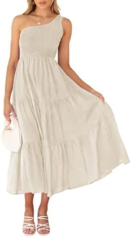 ZESICA Women's 2026 Bohemian Summer Floral Print One Shoulder Sleeveless Smocked Ruffle Tiered Beach Long Midi Dress