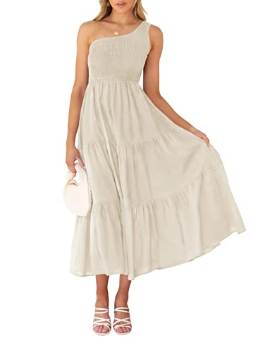 ZESICA Damen 2023 Bohemian Sommer Blumendruck Eine Schulter Ärmellos Gesmokt Rüschen Tiered Beach Lange Midi Kleid, Beige, Klein
