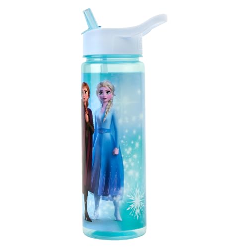 Disney Frozen Sparkle Water Bottle Flip Up Straw 600ml, Official Merchandise Kids Reusable Non Spill, BPA Free