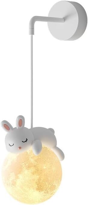 SANBDDLYY Wired Wall Light for Kids Room 3D Print Moon Ball Bedroom Wall Lamp Cute Cartoon Animals Rabbit Panda Bear Nordic White Dimmable Lamp(Rabbit) — image 1