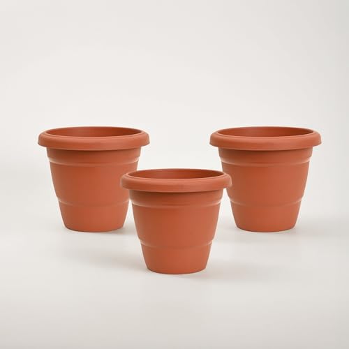 Image of UGAOO Cosmos Flower Pots - 8 Inch, Set of 3 | Terracotta Color, Round, Durable, UV-Resistant Plastic Planters for Balcony, Terrace & Garden