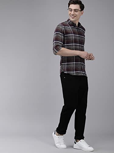 Image of THE BEAR HOUSE Men's Cotton Grey & Maroon Checks Slim Fit Shirt | L |TBH-Albion-GY-L |