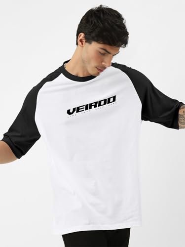 Image of Veirdo 100% Pure Cotton Oversized Loose Baggy Fit Drop Shoulder Round Neck Cool Front Chest Typographic Logo Printed Raglan Sleeve T-Shirt for Men (Colors: White, Black, Swanwhite, Beige & Grey)