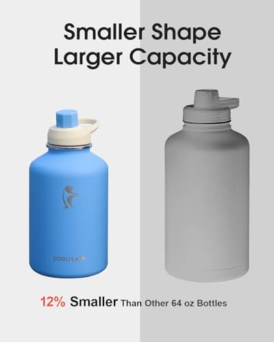 Image of Coolflask 64 oz Water Bottle Insulated with PU Leather Sleeve & 3 Lids