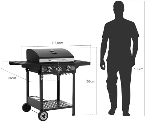 Bild 2 - Royal Gourmet 3 Brenner Gasgrill Grillwagen mit Klappbaren Seitenablagen, Camping Grill mit Flascheständer, Standgrill mit Edelstahl Brenner 9 kW Schwarz