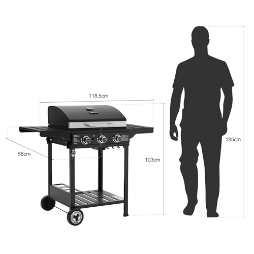 Royal Gourmet 3 Brenner Gasgrill Grillwagen mit Klappbaren Seitenablagen, Camping Grill mit Flascheständer, Standgrill mit Edelstahl Brenner 9 kW Schwarz