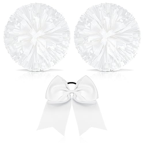 Hanaive 3 Pcs Cheerleading Pom Poms and Large Cheerleader Hair Bow Metallic Cheer supplies for Team Spirit Sports Dance Cheering(White Pom,Matte)