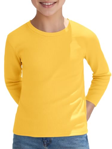 Haloumoning Boys Ribbed Long Sleeve Shirts Kids Casual Crewneck Solid Tops Tees 5-14 Years Yellow