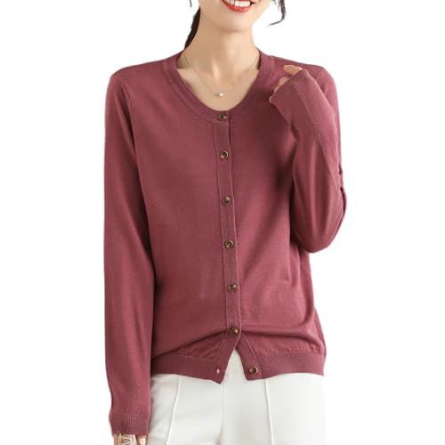 Image of Women's 100% Merino Wool Crew Neck Cardigan Sweater Top Long Sleeve Button Down 2025