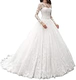 HUINI Brautkleid Langarm Hochzeitskleid A-Linie Prinzessin Spitze Tüll Strand Brautmode Kleid 2025 Weiß 54
