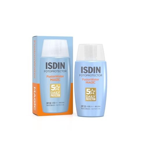 ISDIN Fotoprotección Fusion Water MAGIC SPF 50, Protector Solar Facial de Textura Ultraligera y Fase Externa Acuosa con Tacto Final Sedoso, 50 ml