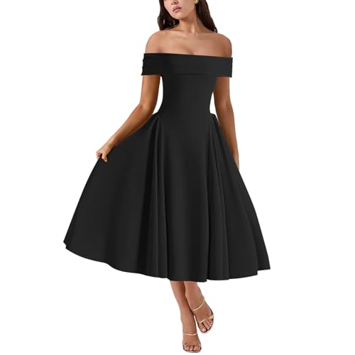 Image of Women's Summer Off Shoulder Fit and Flare Midi Dress - Sleeveless Sexy A Line Corset Club Party Going Out Dresses