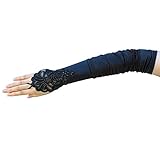 ZaZa Bridal Gathered Satin Fingerless Gloves w/ Floral Embroidery Lace & Sequins-Black