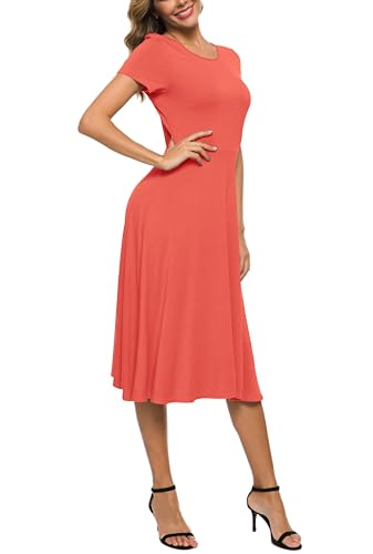 Image of EXCHIC Women's Casual Round Neck Short Sleeve Midi Dress Solid Stretchy Waist Knee Long Dress