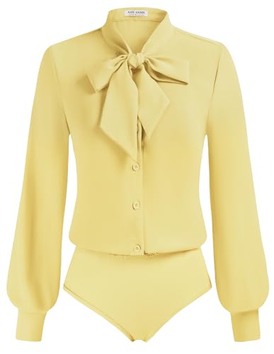 Kate Kasin Women Bow Tie Neck Office Blouse Button Down Long Sleeve Bodysuits Blouse Top
