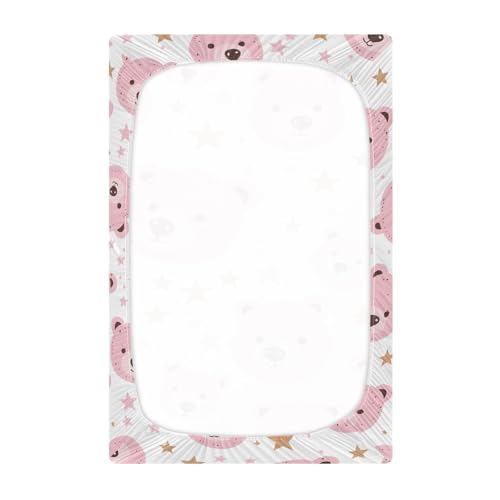 Image of Pink Bears Stars Crib Sheets Stretchy Portable Sheets for Baby Toddler Breathable Soft Crib Mattress Sheet for Girls Boys