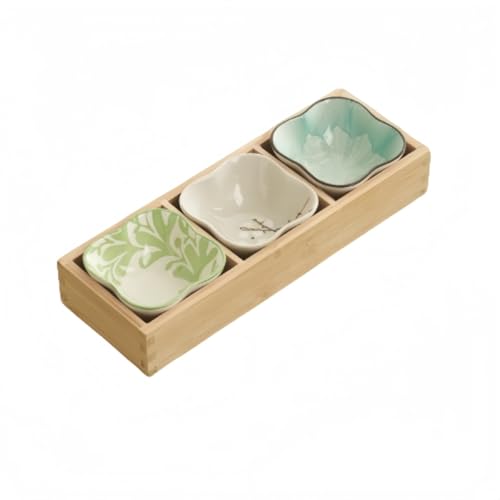 GUIXIAOGUO お皿 小皿セット和風 小皿セット 竹トレイ 陶器 前菜皿 盛り鉢 盛台 小鉢 深型 仕切り付き 天然木 醤油皿 和食器 和風 お盆 セラミック アイスクリーム ソース皿 火鍋 焼肉屋 寿司屋 食洗機 (花のボウル,30*10*4.5c