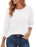Aottori Camisetas Algodon Mujer Manga Tres Cuartos Cuello Redondo Top Holgado Manga Abullonada Puño con Volante Diario Blanco XXL