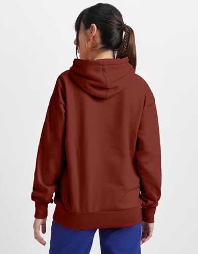 Image of JUNEBERRY Fleece Oversized Baggy Fit Hooded Sweatshirt Drop Shoulder Typographic Logo Printed Full Sleeve Hoodie for Women (Availabe Colors: Copper Tan, Rust & Red)