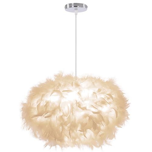 iDEGU Lustre Suspension 45cm Ovale Plafonnier Lustre Plume Blanche Suspension Luminaire pour Chambre Salon (Blanc)