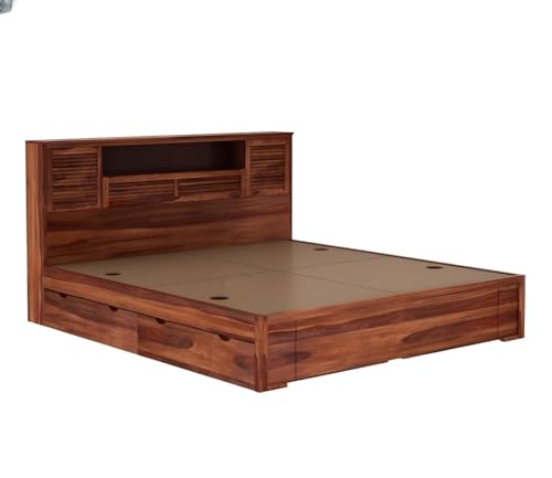 Image of Solid Wood Bed with Storage | Modern Wooden Bed with Slatted Headboard | Strong & Durable Bed Frame for Bedroom Home & Hotel (Honey Finish, Queen)
