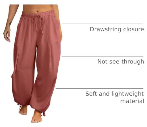 Image of Women's Linen Balloon Barrel Beach Pants Boho Harem Flowy Drawstring Casual Loose Pants with Pockets