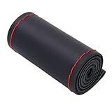 ハンドルカバー 編み込み 本革 薄い ステアリングカバー 手縫い 直径36cm 38cm 40cm 車用ステアリング (S, ブラック（レッド糸）)