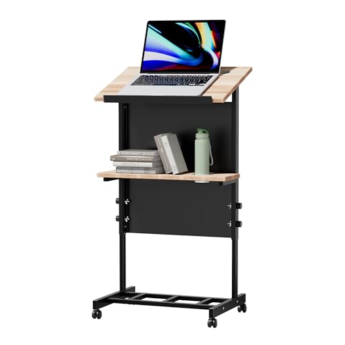 Portable Podium with 7 Adjustable Heights,Podium Stand with Shelf and Cup Holder,Lectern for Seminars,Schools and Conferences (Natural Wood)