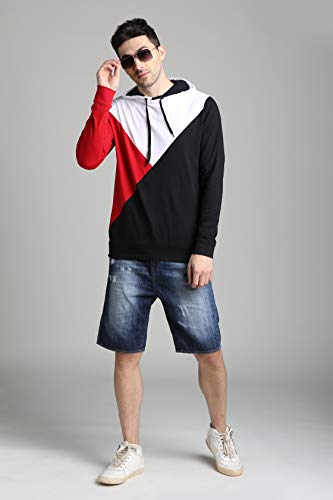 Image of LEWEL Men's Stylish Hooded Full Sleeve Colorblock T-Shirt (Red, White, Black)