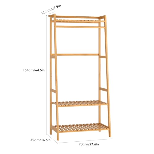 FOREHILL Kleiderständer mit Ablagen Garderobenständer Bambus Kleiderstange mit Anti-Kipp-Vorrichtung für Kleidung Schuhregal Taschen 164x70x42cm
