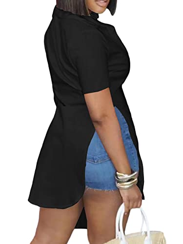 LYANER Women's Collar V Neck Button Down Slit Hem Short Sleeve Blouse Long Shirt Top2