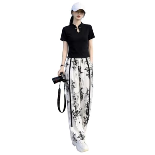 T-shirt à manches courtes imprimé femme style chinois et pantalon large slim