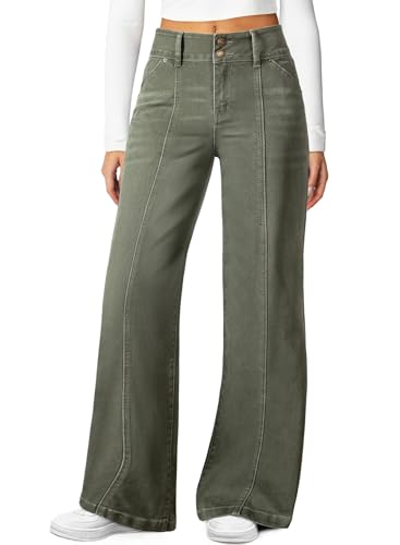Sidefeel Wide Leg Jeans Woman High Waisted Straight Stretchy Leg Seamed Front Trendy Loose Denim Pants Green Size 12