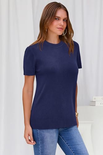Image of Arach&Cloz Women's Lightweight Wool Blend Short Sleeve Sweater Top Business Casual