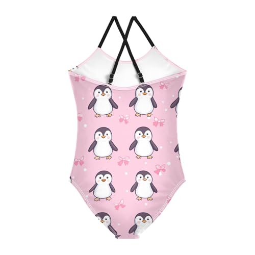 Cute Penguins Girls One Piece Swimsuits Bow Pink Sport Halter Swimwear Beach Bathing Suit 3T2