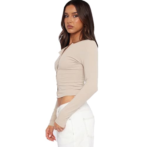 Image of Womens Breathable Slim Fit Cropped Cardigan Button Up Long Sleeve Casual Sexy Basic Shirt Tops Summer