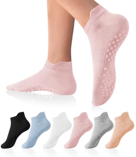 Image of DIBAOLONG Pilates Socks with Grips for Women Yoga Socks Non Slip Barre Hospital Socks 6-Pairs Grippy Ankle Socks