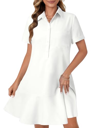 Image of OPOIPIN Women's Collared V Neck Stripe Short Sleeve Button UP Ruffle Hem Shirt Tunic Mini Dress