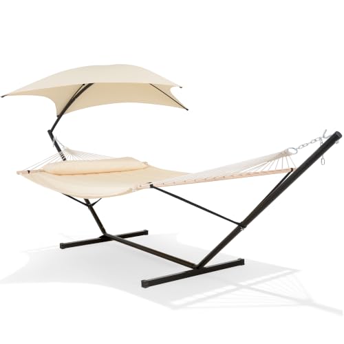 SUNCREAT Portable Outdoor Hammock with Stand Sun-Protective Canopy Double Hammock with Stand for Outside Patent Pending Beige