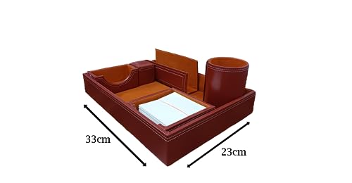 Image of LUVYANSH Genuine Leather Multipurpose Desk Organizer 6-in-1 Desktop Pen Stand With Business Card Holder Mobile Holder & Remote Stand for Office Desk Table Storage Organizer Box(Brown) Colour