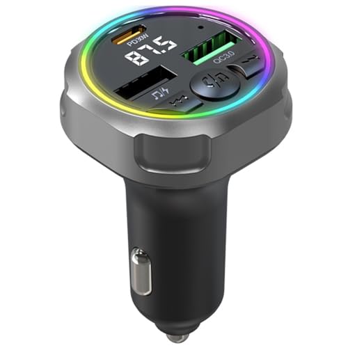 PRMHOOT 48W Transmisor FM Bluetooth 5.3, 30W PD USB C & QC 3.0 Manos Libres Inalámbrico Reproductor Sistema Manos Libres & luz LED & U-Disk