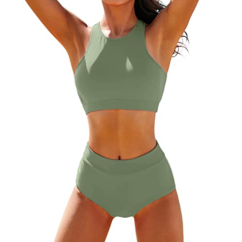 Image of High Waisted Bikinis for Women High Neck Sporty Racerback Crop Top Swimsuit High Cut Two Piece Bathing Suit XS-XXL